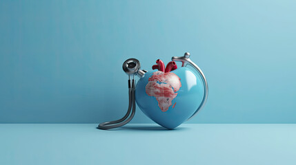 Weltkugel in Herzform mit Stethoskop auf blauem Hintergrund und dem Text "World Heart Day". (Generative AI)