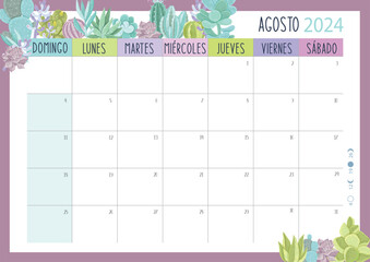 Calendario Planificador 2024 en Español - Tamaño A4 - Mes de Agosto	 - obrazy, fototapety, plakaty