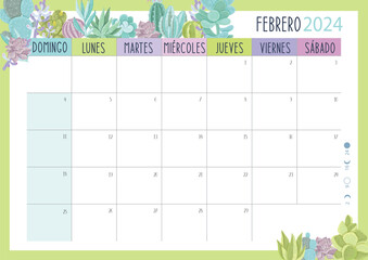 Calendario Planificador 2024 en Español - Tamaño A4 - Mes de Febrero - obrazy, fototapety, plakaty