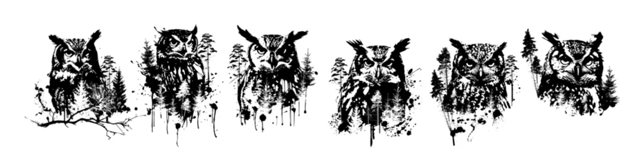 Foto op Canvas Set of graphic owls with trees. Monochrome graphic portrait of an owl in the forest. Abstraction trees and owl. Print for t-shirt or tattoo, graffiti style. Vector illustration © Мария Неноглядова