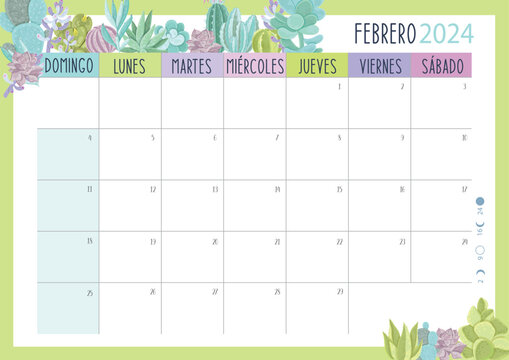 Calendario Planificador 2024 en Espa&ntilde;ol - Tama&ntilde;o A4 - Mes de Febrero