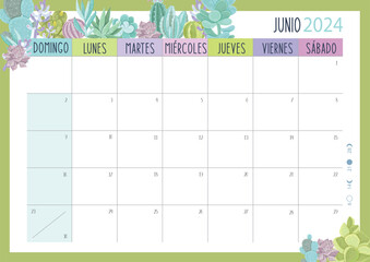 Calendario Planificador 2024 en Español - Tamaño A4 - Mes de Junio - obrazy, fototapety, plakaty