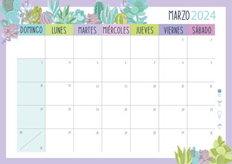 Calendario Planificador 2024 en Español - Tamaño A4 - Mes de Marzo - obrazy, fototapety, plakaty