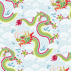 Seamless pattern happy chinese new year 2024 the dragon zodiac sign with asian elements paper cut style on color background. ( Translation : happy new year 2024 year of the dragon )
