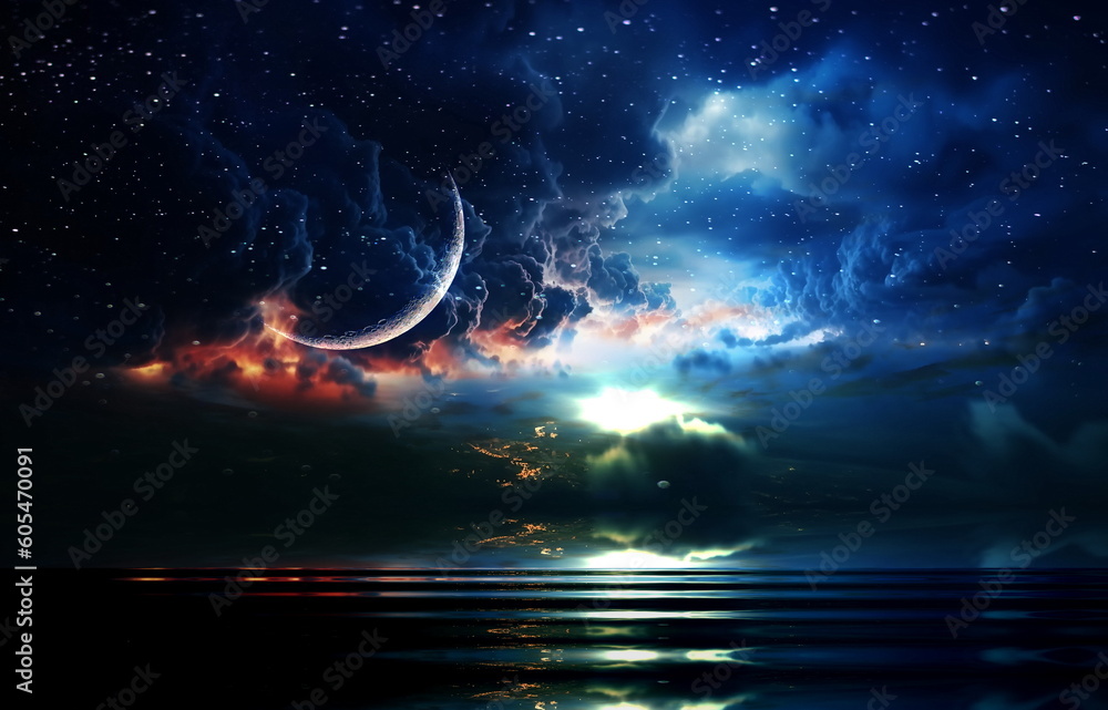 Wall mural starry sky and moon night dramatic cloudy sunset