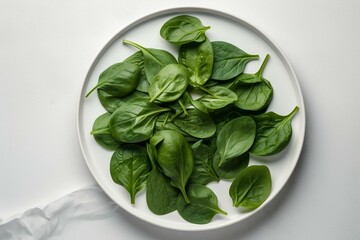Spinach leaves on plate. Vegan food. Top view. Isolated white background. Generative AI