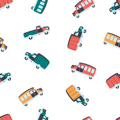 Cars of various types.Seamless repeat pattern with truck, van and bus. Objects are arranged chaotically on a white background.Colorful print on fabric and paper.Vector cartoon flat style illustration.
