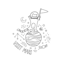Easy coloring page of space, cat astronaut on the planet. Cute coloring page for kids. Children game, activity. Cosmas stars, planet coloring book. Universe page be colored. Vector illustration.