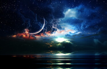 starry sky and moon night dramatic cloudy sunset