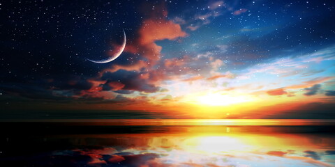 Naklejka na ściany i meble starry sky and moon night dramatic cloudy sunset