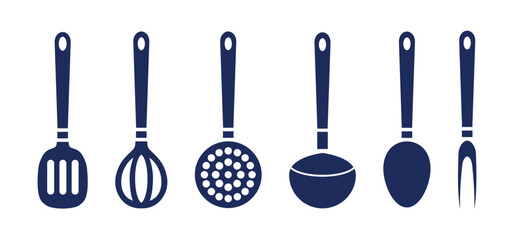 Hanged Kitchen Utensils. Cooking Tools, Metal skimmer, Whisk, Spatula, Carving Fork, Ladle, Spoon Home and Cafe Kitchenware, Vector Image
