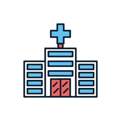 Hospital related vector line icon. Medical facility. Urgent care center. Hospital building. Primary care. Town clinic facade. Isolated on white background. Vector illustration. Editable stroke