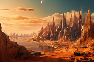 futuristic, sci fi city landscape. Generative AI image.