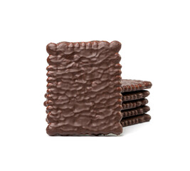Biscuit Coated in Dark Chocolate Isolated, Square Cookies, Rectangular Shortbread, Crunchy Digestive Cookie