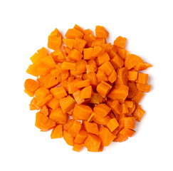 Boiled Chopped Carrot Isolated, Cooked Diced Carrots, Prepared Vegetables Cut Pile, Healthy Diet...
