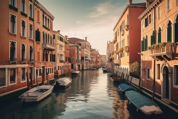 Fototapeta na wymiar Charming cityscape of Venice's water canal & colorful homes. Scenic morning view of Italy. Travel concept background. Generative AI