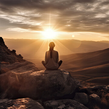 yoga at sunrise. Generative AI image.