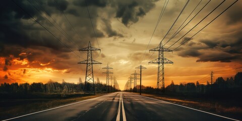 Fototapeta na wymiar high voltage power line at sunset. Generative AI 