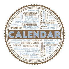 Calendar concept with word clouds and round text. Nice colors and grunge texture. Authentic vector illustration.