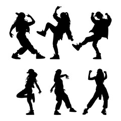Vector illustration. Hip hop dancer silhouette. Girl on the move. Big set of poses.