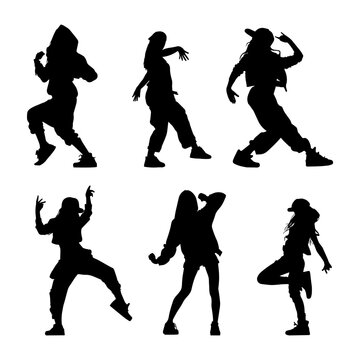 Vector illustration. Hip hop dancer silhouette. Girl on the move. Big set of poses.