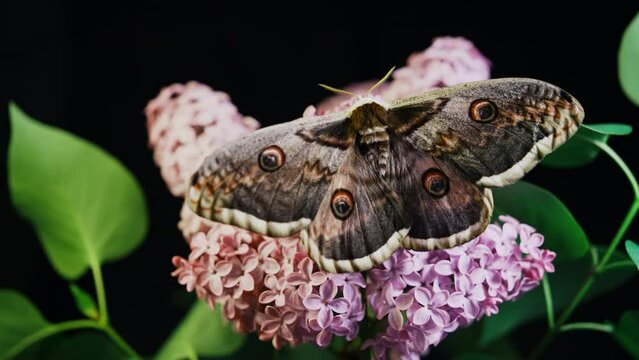 European night butterfly - Saturnia pyri, giant peacock moth on lilac branch