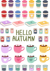 isolated set of different drinks. stickers of pastel colorful cups of coffee, tea, cocoa, hot chocolate, jar of jam and colorful pastel books with hearts
