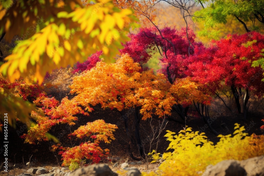 Poster dense forest with tall trees and sunlight shining through the leaves. Generative AI