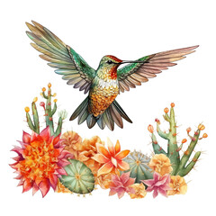 A hummingbird flying over a cactus and flowers. Generative AI.
