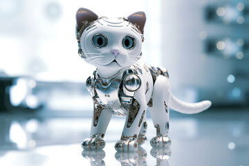 A robot cat figurine on a shiny surface. Generative AI.