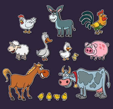 cartoon character farm animals chicken duck cow horse donkey rooster sheep pig goose goat pattern set