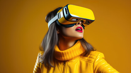 Girl in virtual reality glasses on a yellow background