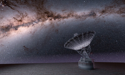 Antenna of radio telescope against the background starry sky. Elements of this image furnished by NASA. 3D render illustration.