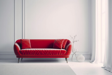 Red sofa on white pastel background. Chesterfield sofa red isolated luxury. Stylish interior of bright living room with red sofa. Realistic 3D illustration. Generative AI