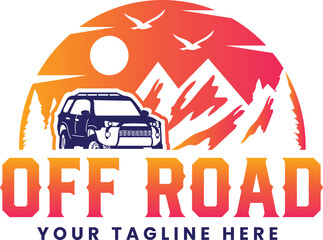 Obraz premium off road logo, adventure logo, mountain logo, mountain sunset, mountain travel, mountain silhouette with off road truck premium logo design vector