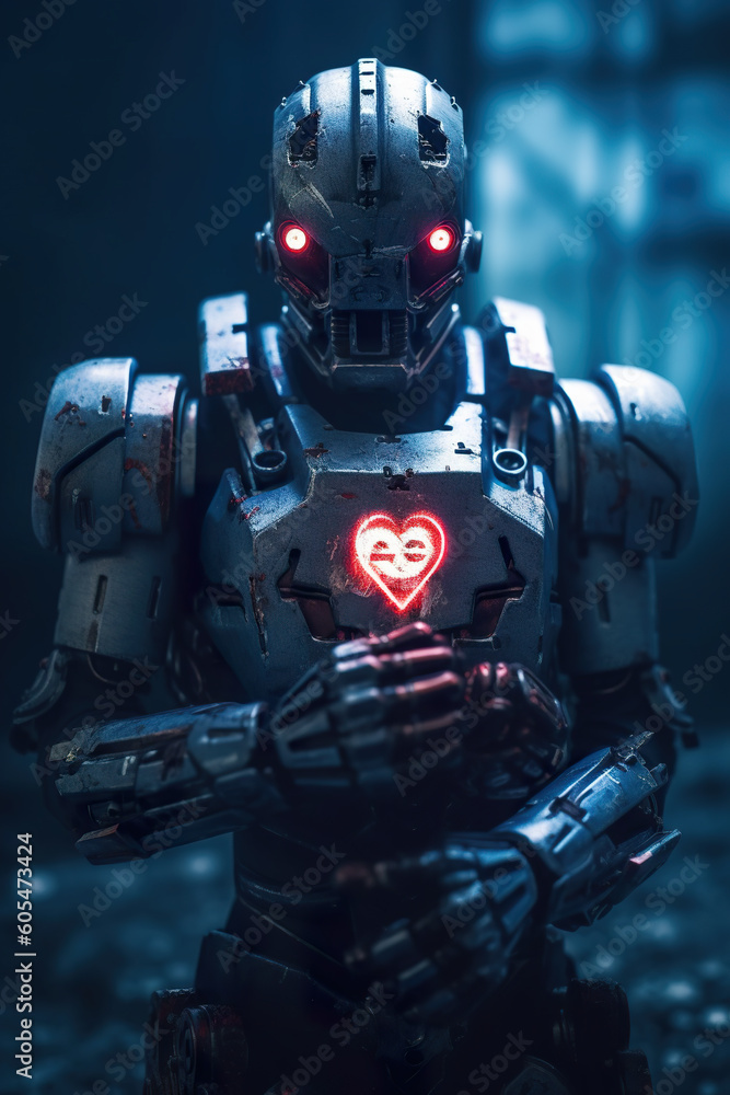 Poster A close up of a robot with a heart on it's chest. Generative AI.