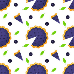 Seamless pattern with homemade blueberry pie, piece of pie and blueberries. Dessert ready to eat. Backdrop for National pie day or Thanksgiving day. Great for web, wrapping, textile, fabric, wallpaper