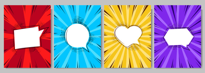 Naklejka premium Vector illustration. Funny brochure card template. Retro comic empty speech bubbles set. Colorful background. Vintage design elements for poster, cover, layout, brochure, magazine, card. Pop art style