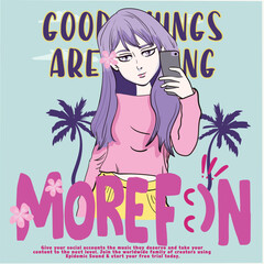 card, vector graphic design for t-shirt, anime girl illustration with slogan