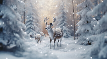 Naklejka na ściany i meble roe deer, snow scene, Long exposure light photography neon octane render of bright blue northern. AI generative