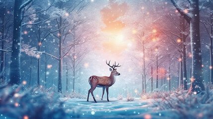 roe deer, snow scene, Long exposure light photography neon octane render of bright blue northern. AI generative