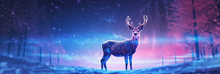 roe deer, snow scene, Long exposure light photography neon octane render of bright blue northern. AI generative