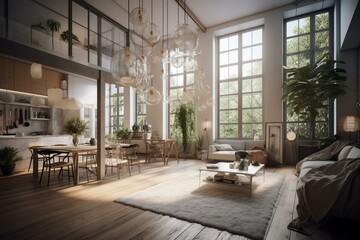 Fototapeta na wymiar 3D render of a spacious modern loft with high ceilings, white furnishings, wooden floors, large windows overlooking a terrace and garden. Generative AI
