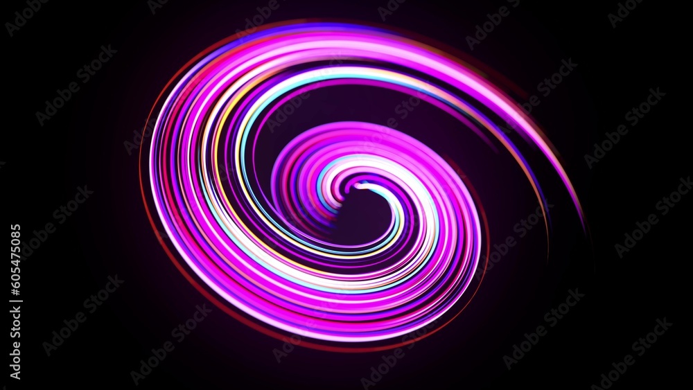 Poster motion graphics, sci-fi bg. stream of multicolor neon lines form spiral shape, curls and pattern. ab