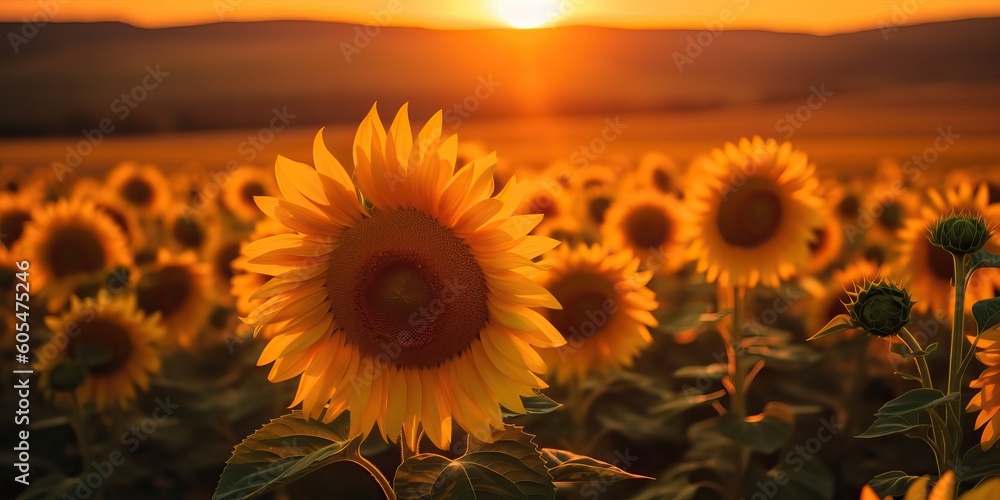 Poster Sunflower field at golden hour ideal for summer backgrounds, generative ai - Posters