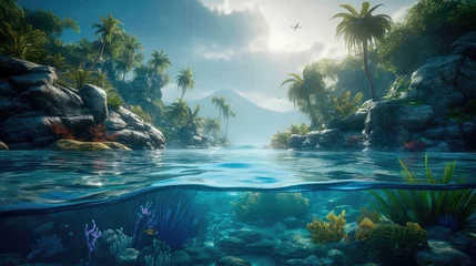 Foto op Plexiglas Under the water is a very detailed tide and a coral reef, above the water is a beautiful tropical island with large palm trees. Generative AI © keks20034
