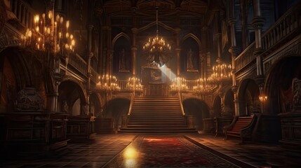 Obraz premium Gothic interior illuminated with candles, generative ai
