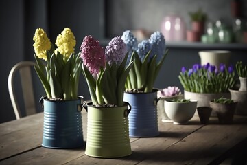 Several iron multicolored pots with a variety of flowering hyacinths stand on the table on kitchen Generative AI