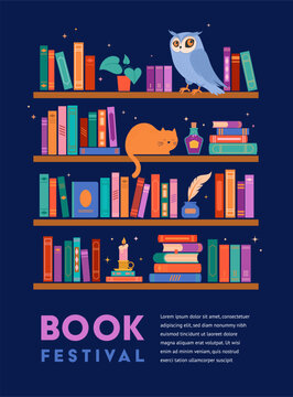 Bookshelf full of magic symbols, concept illustration. A lot of books on the shelf, poison bottle, cat, candle and owl