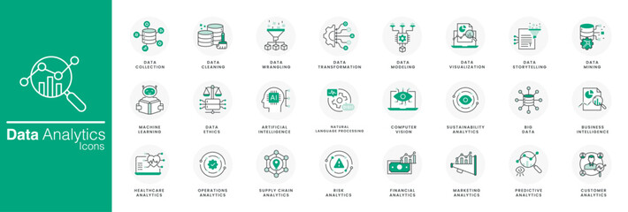 Data Analytics Icon Set. Vector Editable Stroke And Colors.